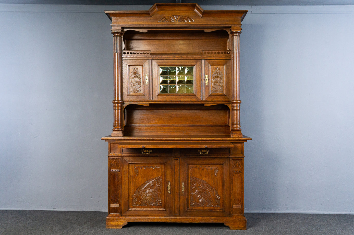 wunderschönes Jugendstil Aufsatzbuffet, Anfang des 20.Jahrhunderts - Eiche Buffet Schrank Anrichte Vitrine Alt Antik MÖBLINGER