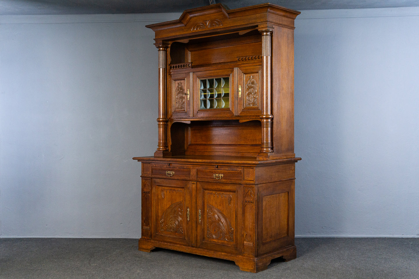 wunderschönes Jugendstil Aufsatzbuffet, Anfang des 20.Jahrhunderts - Eiche Buffet Schrank Anrichte Vitrine Alt Antik MÖBLINGER