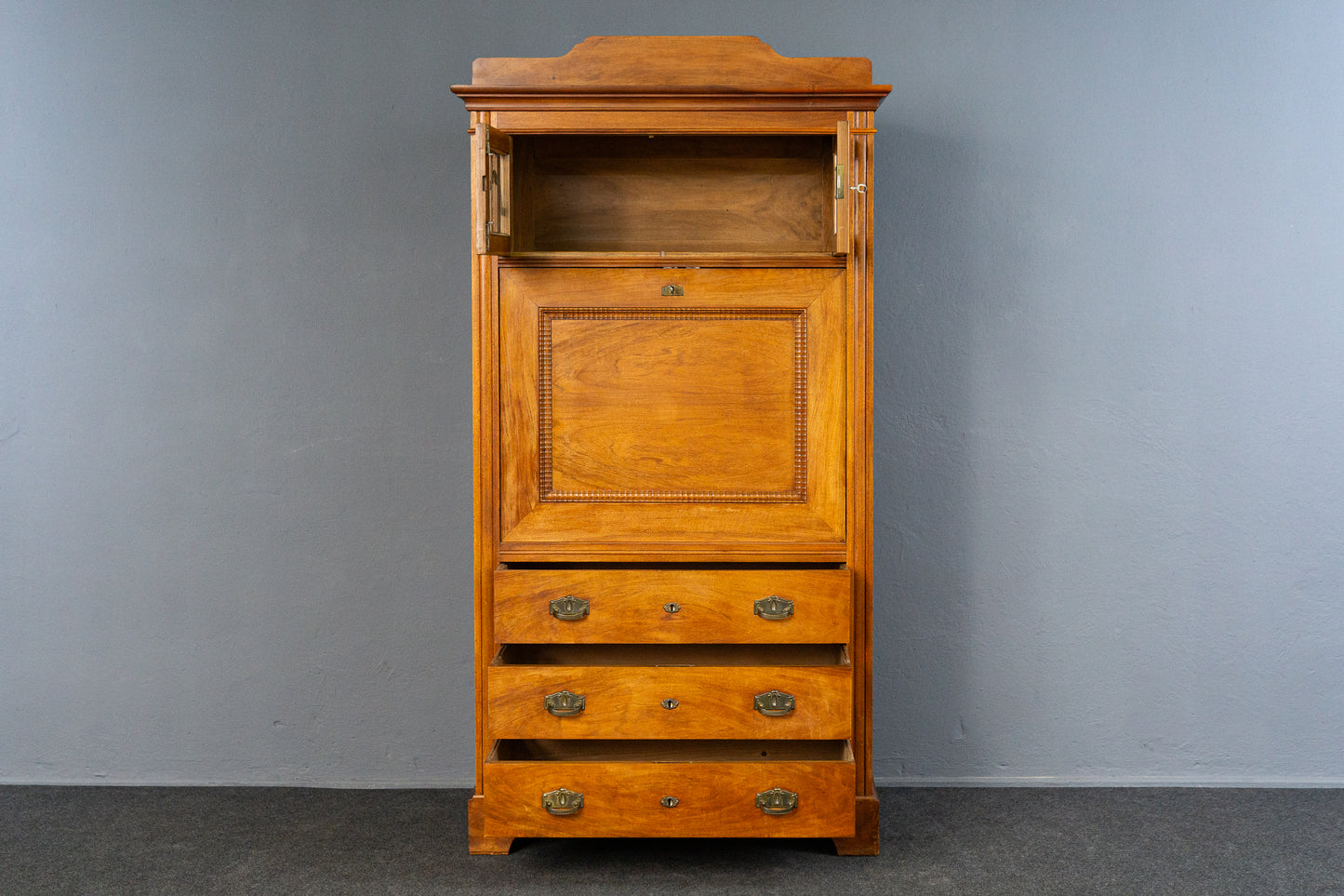 eleganter Jugendstil Standsekretär, Anfang des 20.Jahrhunderts - Sekretär Schrank Schreibtisch Kommode Nussbaum Büro Alt Antik MÖBLINGER