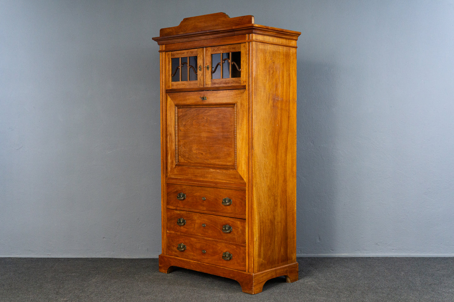eleganter Jugendstil Standsekretär, Anfang des 20.Jahrhunderts - Sekretär Schrank Schreibtisch Kommode Nussbaum Büro Alt Antik MÖBLINGER
