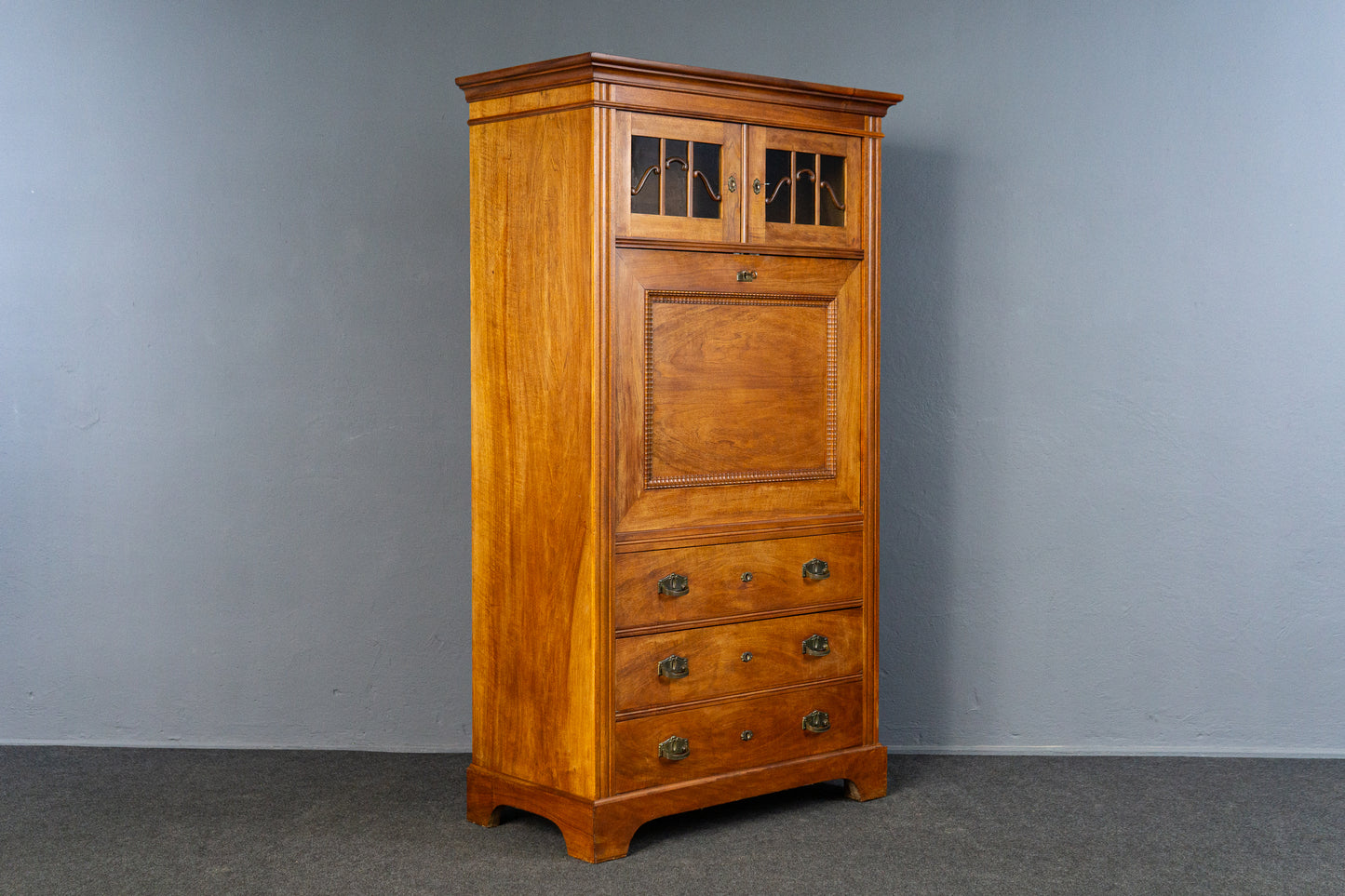 eleganter Jugendstil Standsekretär, Anfang des 20.Jahrhunderts - Sekretär Schrank Schreibtisch Kommode Nussbaum Büro Alt Antik MÖBLINGER