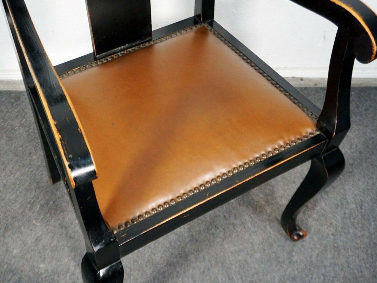 Armlehnsessel Jugendstil Schwarz Leder Stuhl Alt Antik 2000-0062