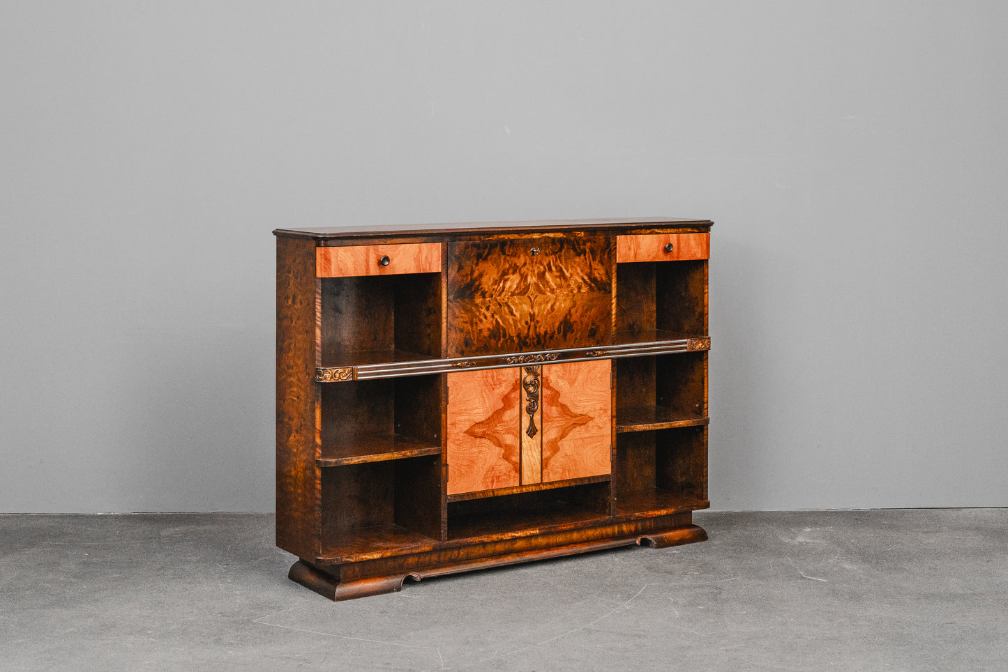 Art Déco Bücherregal mit Sekretärfach in Birke & Nussbaum - 1.Hälfte des 20.Jahrhunderts