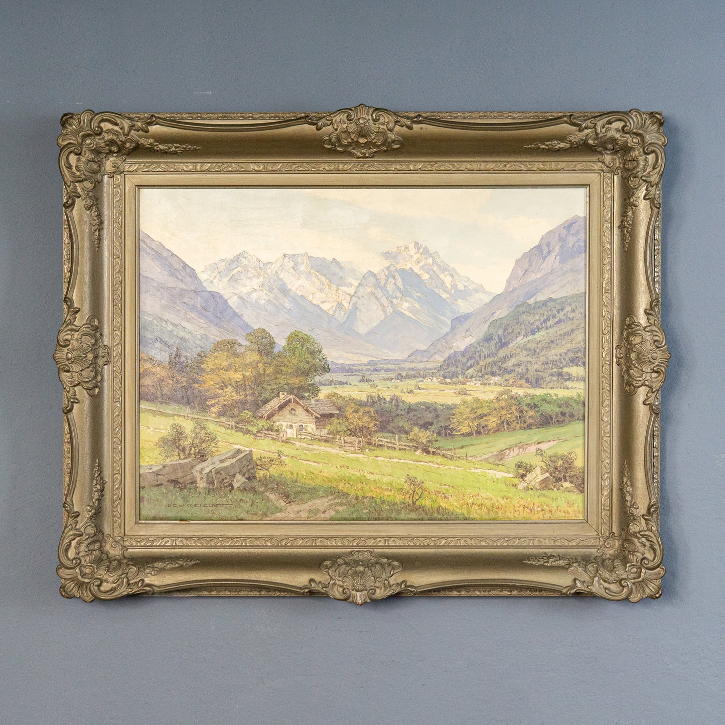 großes Gemälde mit Alpenmalerei, erste Hälfte des 20.Jahrhunderts - ECW Rezlaff Malerei Ölbild Bild Kunst Alt Antik MÖBLINGER