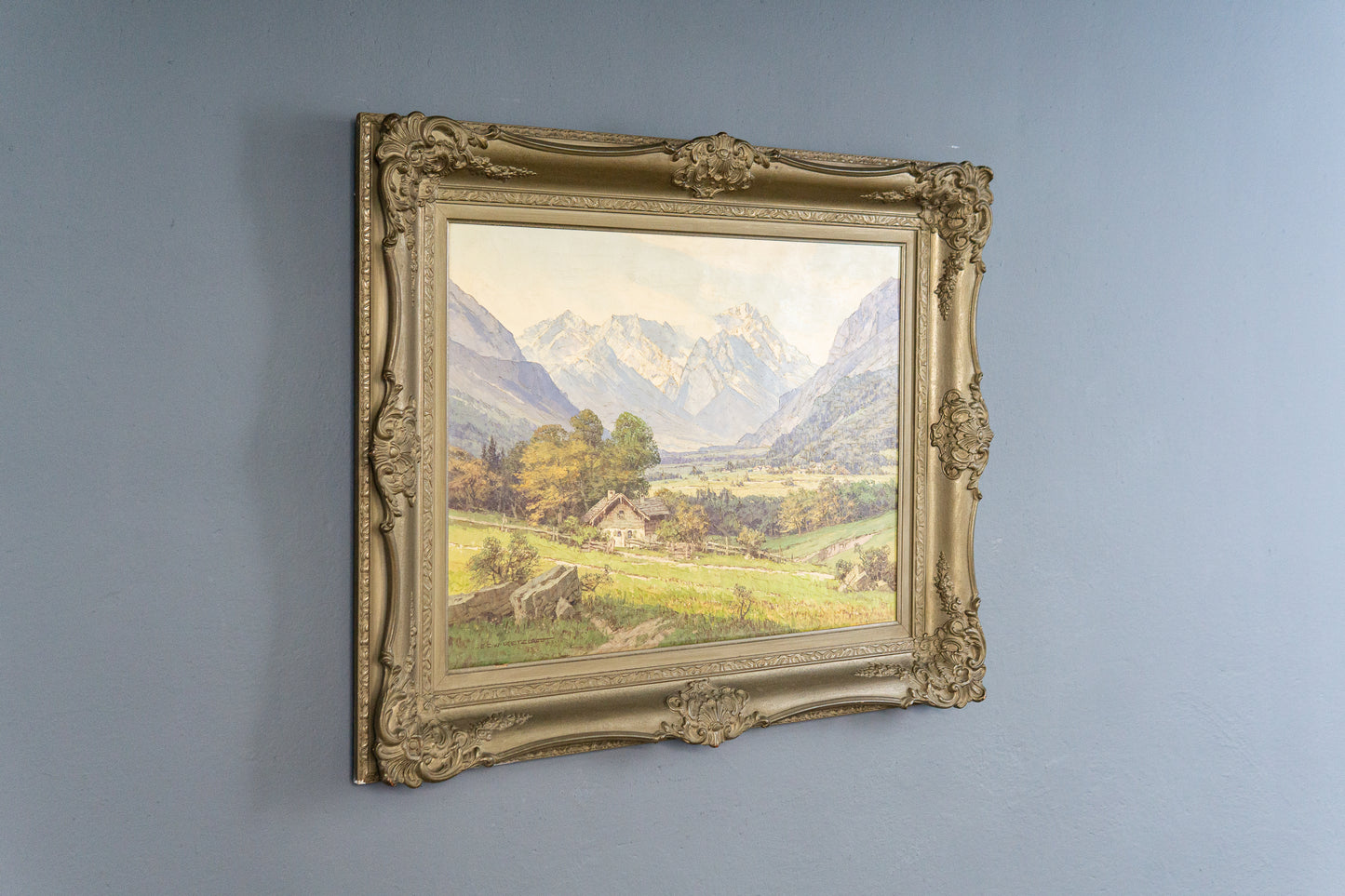 großes Gemälde mit Alpenmalerei, erste Hälfte des 20.Jahrhunderts - ECW Rezlaff Malerei Ölbild Bild Kunst Alt Antik MÖBLINGER