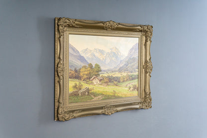 großes Gemälde mit Alpenmalerei, erste Hälfte des 20.Jahrhunderts - ECW Rezlaff Malerei Ölbild Bild Kunst Alt Antik MÖBLINGER