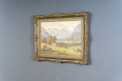 großes Gemälde mit Alpenmalerei, erste Hälfte des 20.Jahrhunderts - ECW Rezlaff Malerei Ölbild Bild Kunst Alt Antik MÖBLINGER