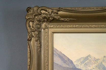 großes Gemälde mit Alpenmalerei, erste Hälfte des 20.Jahrhunderts - ECW Rezlaff Malerei Ölbild Bild Kunst Alt Antik MÖBLINGER