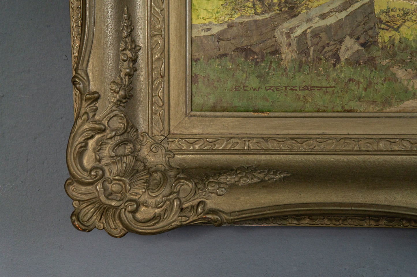 großes Gemälde mit Alpenmalerei, erste Hälfte des 20.Jahrhunderts - ECW Rezlaff Malerei Ölbild Bild Kunst Alt Antik MÖBLINGER