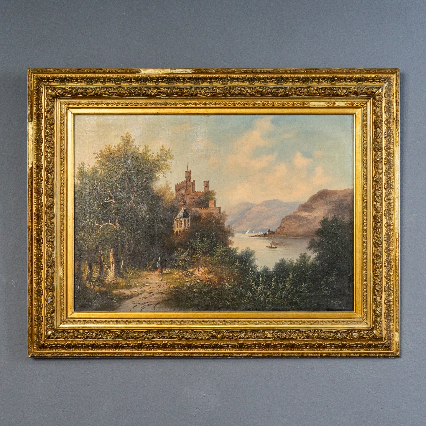 Schönes Gemälde mit Landschaftsmalerei, erste Hälfte des 20.Jahrhunderts - C. Hütt Malerei Ölbild Rahmen Kunst Alt Antik MÖBLINGER