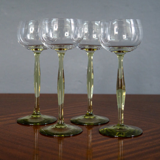 4er Set Theresienthal Weingläser Stengelglas Römer grüner Stiel Jugendstil Art Deco
