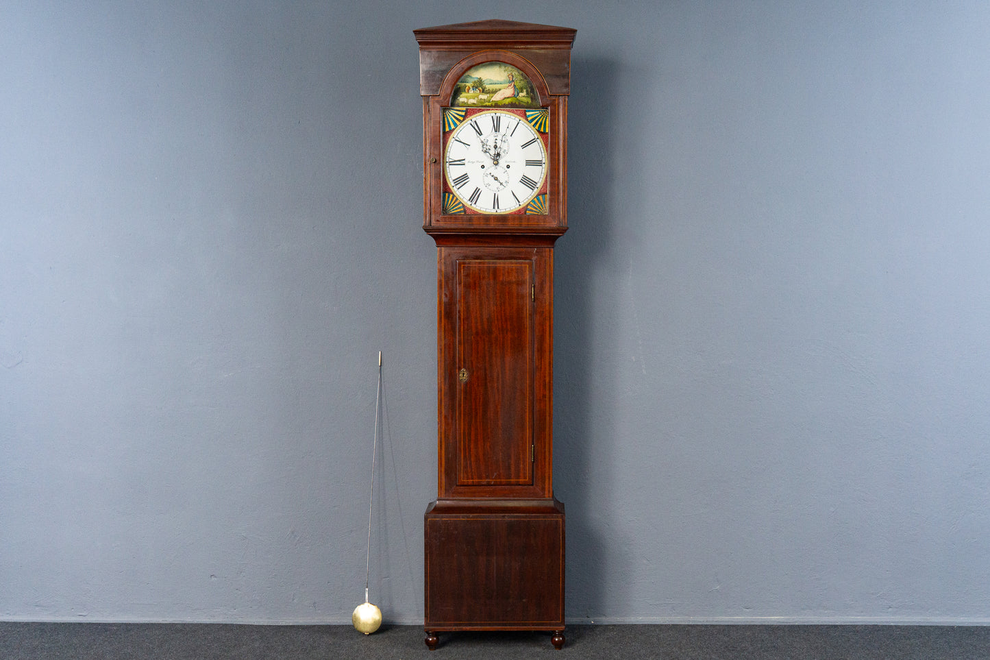Elegante Englische Standuhr, 1.Hälfte des 19.Jahrhunderts - Clock Wohnzimmer Pendel Gewichte Uhrwerk Uhr Alt Antik MÖBLINGER