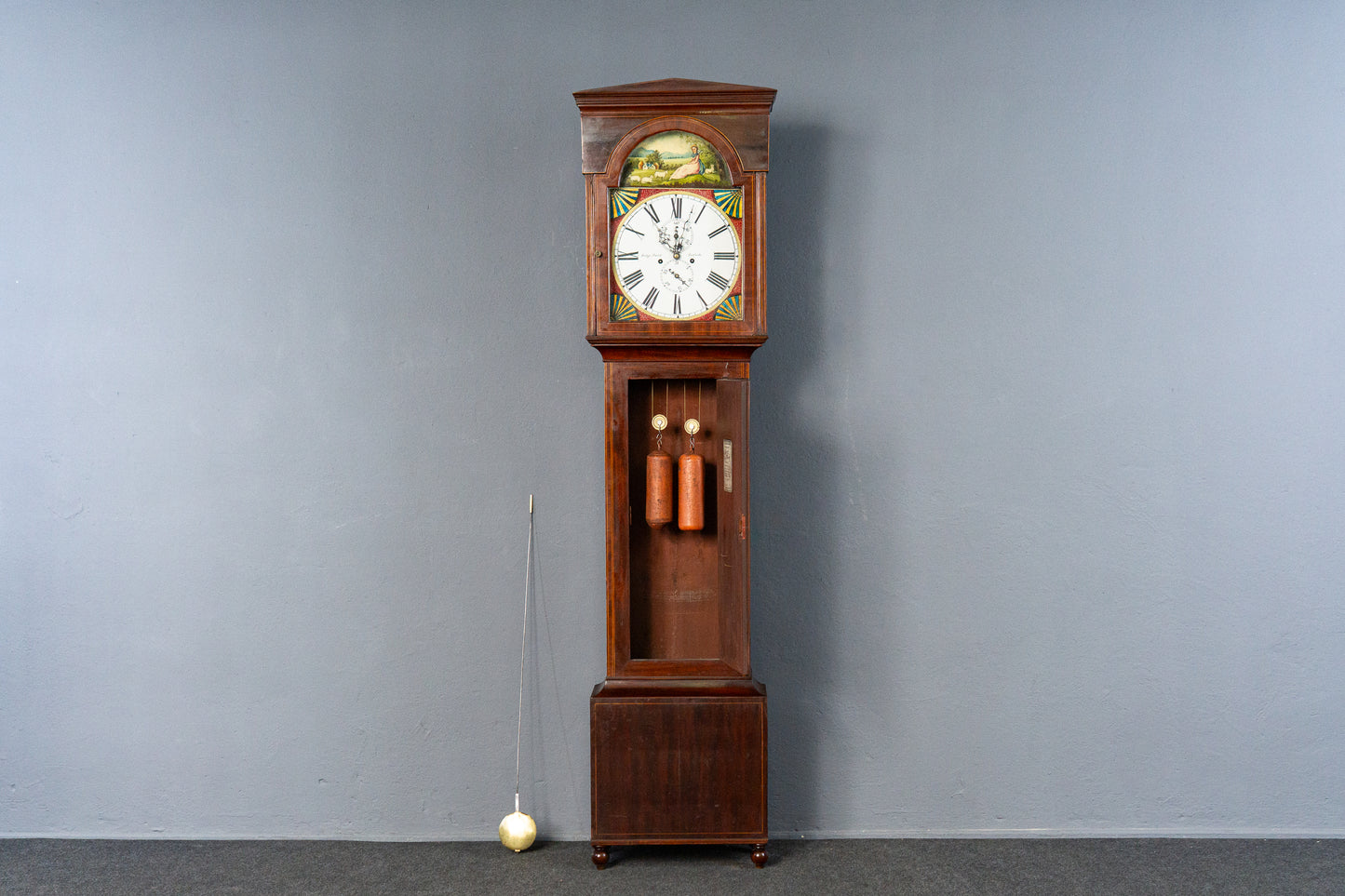 Elegante Englische Standuhr, 1.Hälfte des 19.Jahrhunderts - Clock Wohnzimmer Pendel Gewichte Uhrwerk Uhr Alt Antik MÖBLINGER