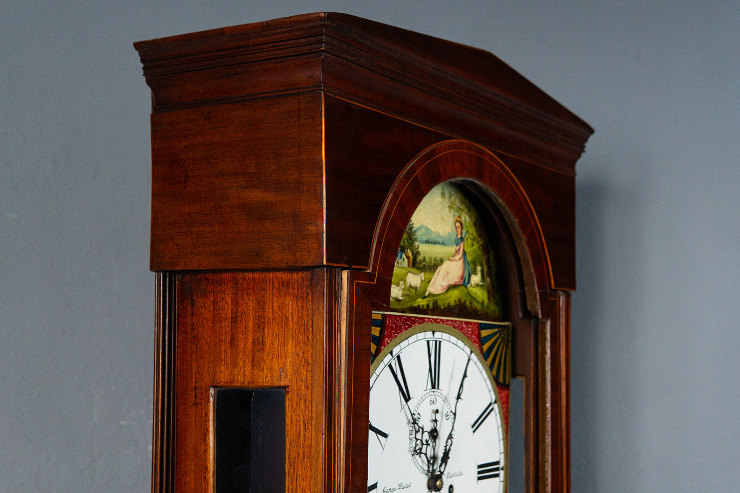 Elegante Englische Standuhr, 1.Hälfte des 19.Jahrhunderts - Clock Wohnzimmer Pendel Gewichte Uhrwerk Uhr Alt Antik MÖBLINGER